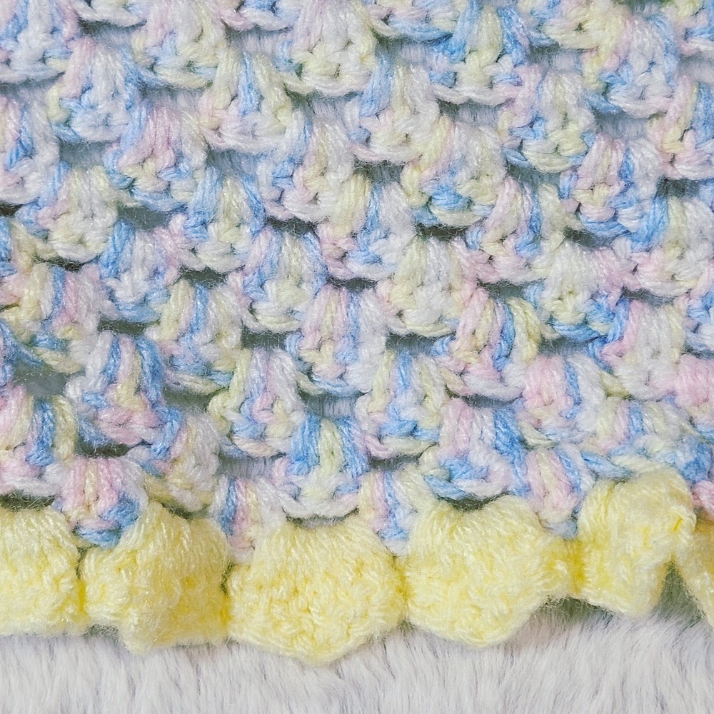 Handmade‎ Kids Crochet Baby Blanket Pastel Blue Yellow Pink Scalloped 55" Unisex